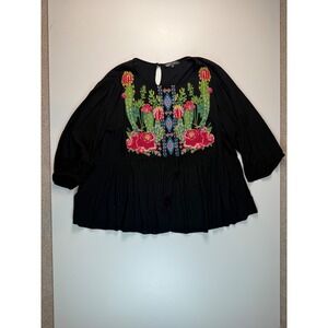 Glitzy Girlz XL Black Embroidered Cactus Floral Peplum Blouse 3/4 Sleeve Boho